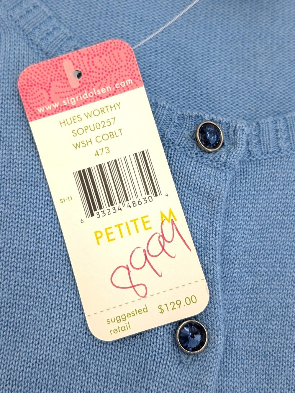 NWT Sigrid Olsen Sz Medium Petite Soft Silk Angora Cardigan Blue Crystal Buttons - Picture 9 of 16